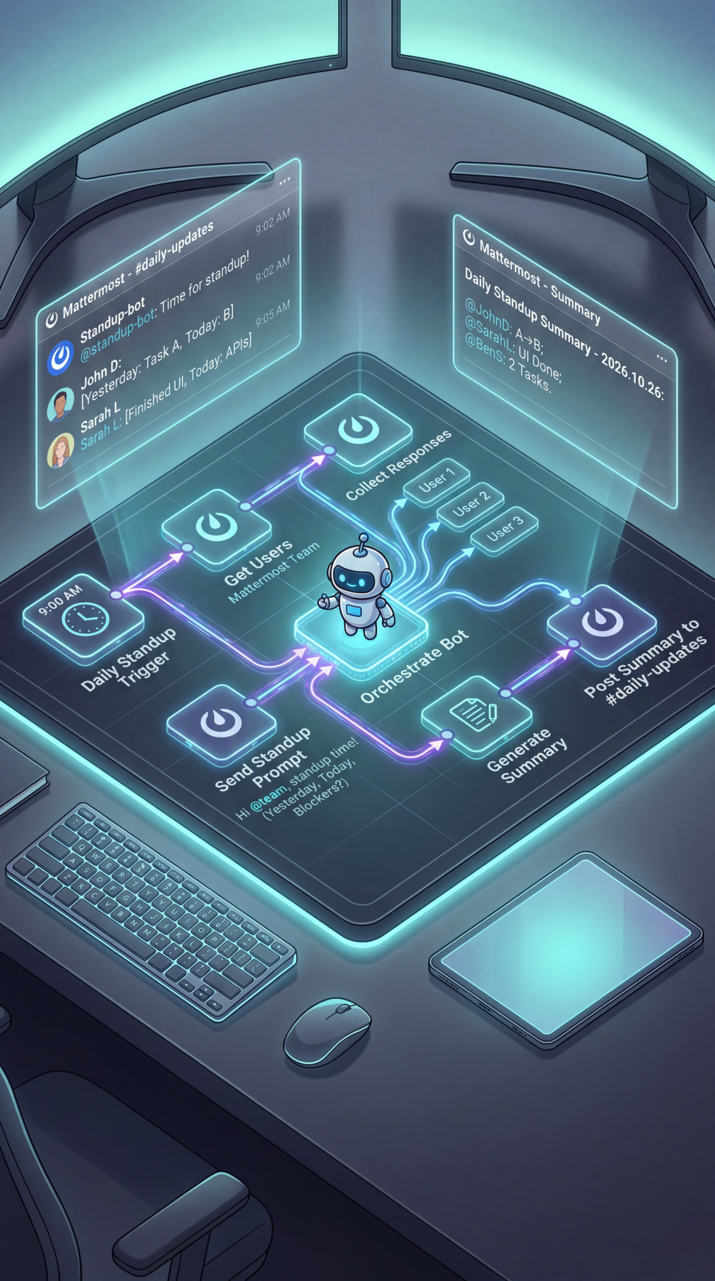 Mattermost standup automation, n8n workflow examples 2026, daily standup bot Mattermost, team reporting automation n8n, chatbot workflow Mattermost